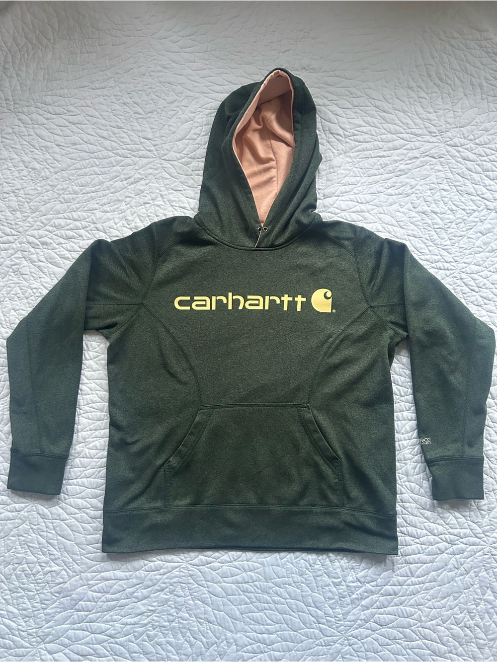 Carhartt Dark Olive Hoodie with Pale Pink Hood Lining